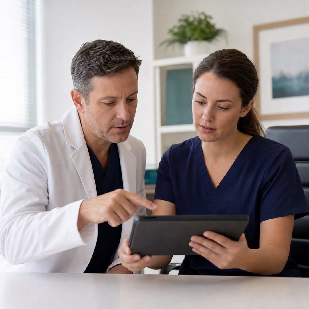 Physician and nurse reviewing credentialing compliance together