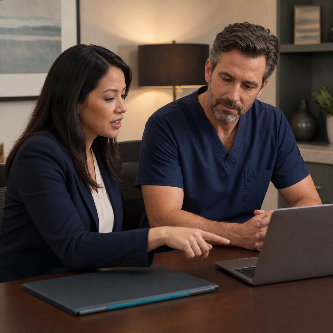 MD Billing credentialing specialist reviewing payer enrollment with a provider