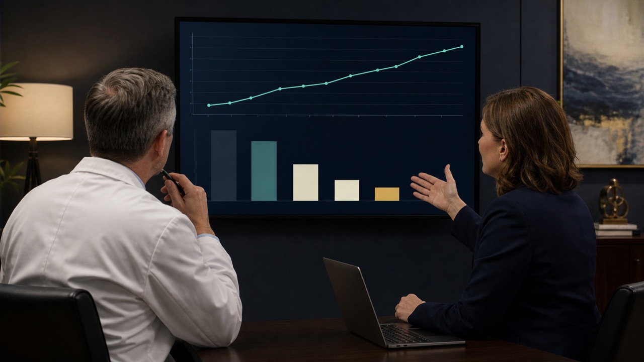 Physician reviewing real-time revenue dashboards